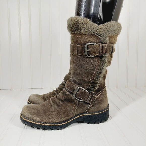 Brown Suede Leather Buckle Winter Boots 